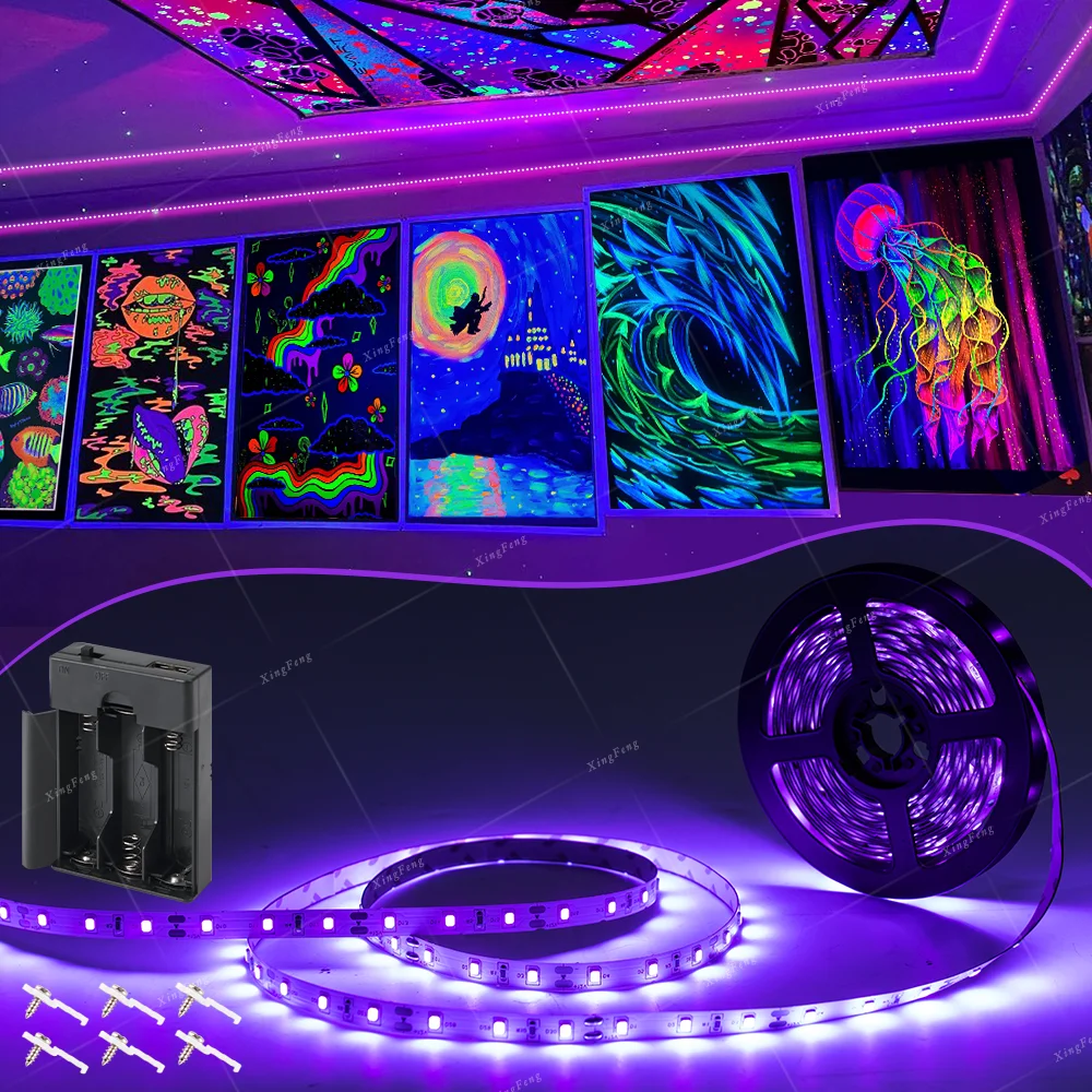 250cm USB 블랙 라이트 스트립 5피스 LED 블랙 라이트(배터리 박스 포함) 형광 파티 할로윈 크리스마스 생일 파티 세트