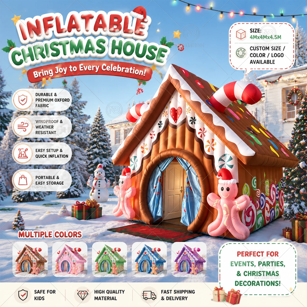 Candy Gingerbread Holiday House Multi-color Optional Outdoor Christmas Cabin For Event Company Rental Garden Lawn Winter Decor