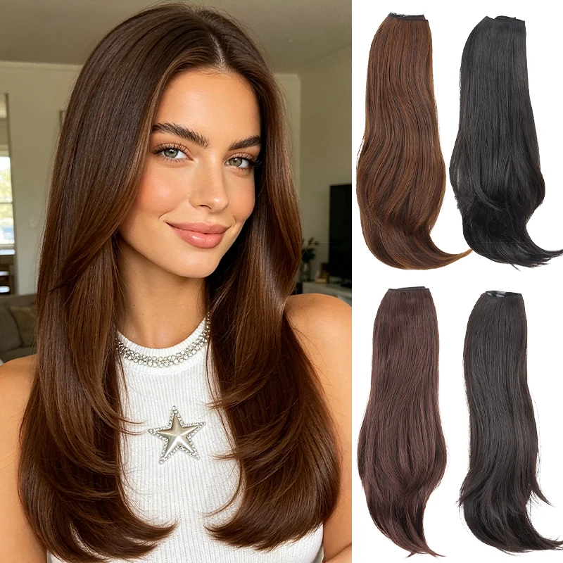 Women Invisible Clip In Hair Extensions, One Piece Synthetic Straight Hairpiece, 4 Safety Clips for Full Head Volume