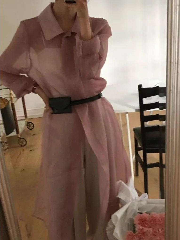 Retro Chic Layered Mesh Dress Women's Shirt Dress Korean Style Loose Waist Long Sleeve Flip Collar Translucent Design