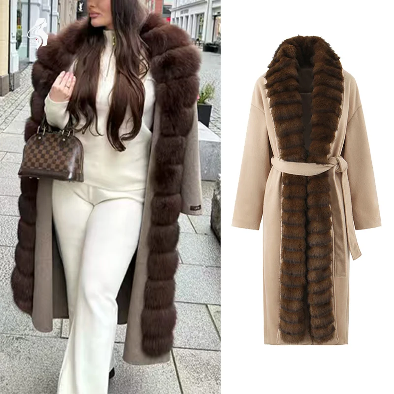 

Womens Long Plush Coat Dark Brown With Contrasting Trim Belted Waist Light Luxury Elegant Commuter Jacket Woman Clothes Tops