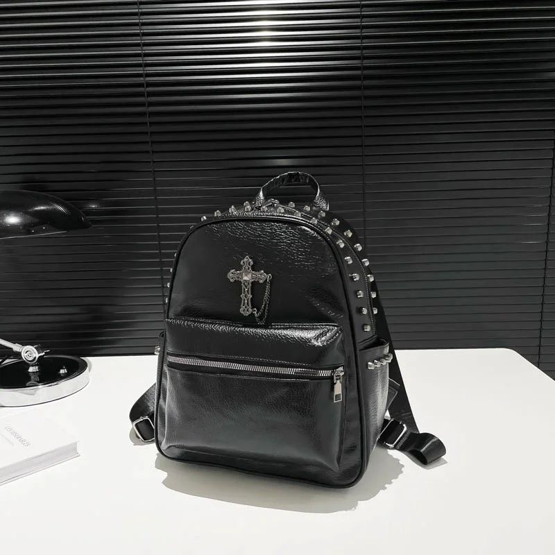 Women Gothic Rivet Backpack, Metal Cross Chain Decor Solid Color Y2K Streetwear Travel School Rucksack
