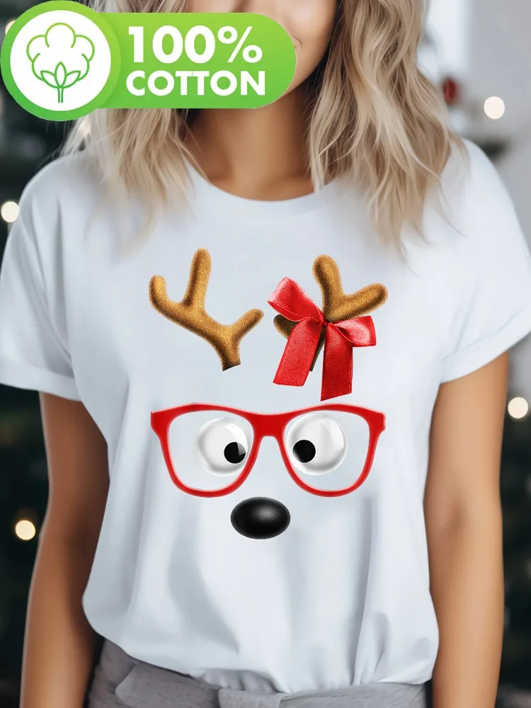 تي شيرت نسائي بأكمام قصيرة مطبوع عليه حيوان الرنة لعيد الميلاد، نظارات حمراء كرتونية وتصميم فيونكة من القطن الخالص، نمط ممتع عصري #1