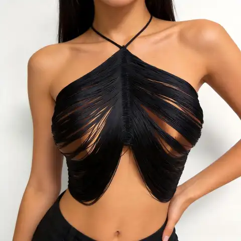 AKYZO European and American Sexy Tassel Black Top Stylish Hanging Neck Vest Spicy Girl Versatile Women's Clothing