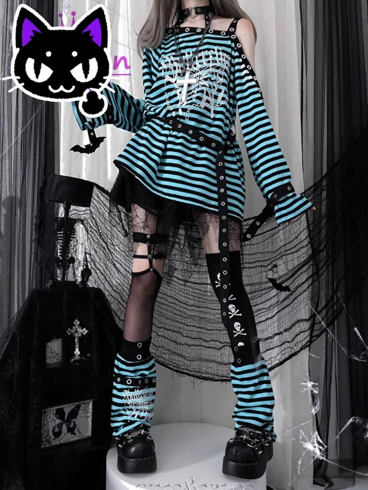 

2025 misa hot sale Harajuku Punk Black Blue Red Striped T Shirts Y2k Gothic Girls Off Shoulder Loose Butterfly Letter Long Sleev