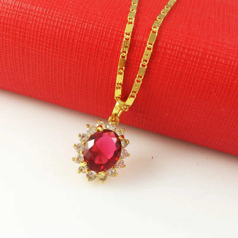 Korea 24K Gold Plating Necklace Red Zircon Crystal Jade Pendant Necklace Ladies Engagement Jewelry Gift image 2