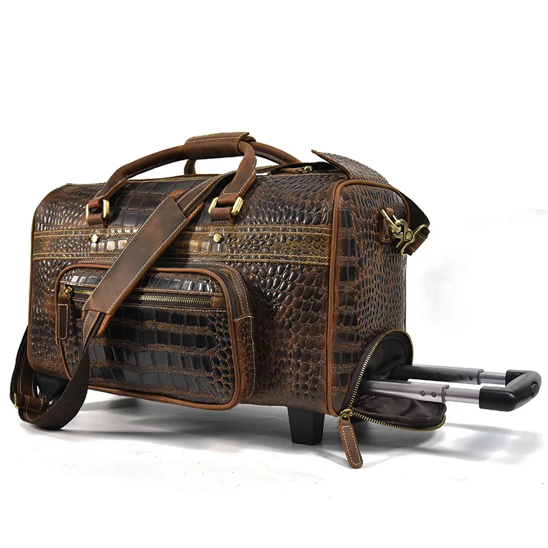 Sac de voyage en cuir véritable pour homme, bande d\'alligator, sac de week-end de nuit, bagage à main de grande capacité, designer