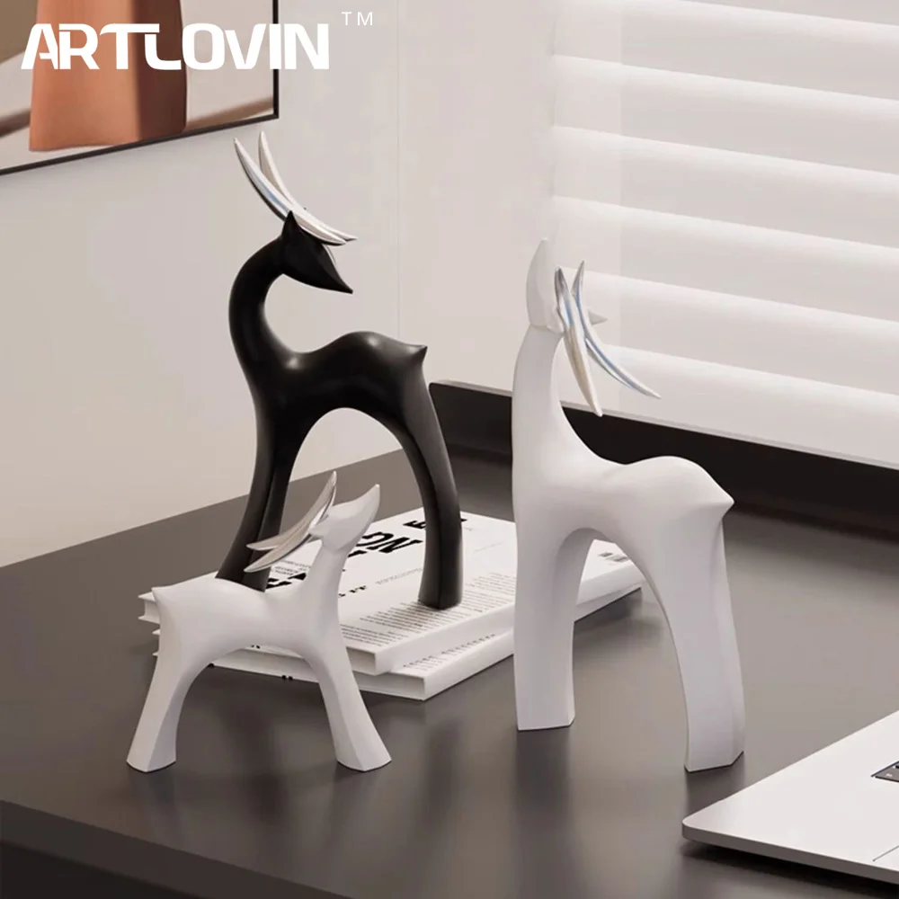 Nordic Home Decor Deer Ornaments,Modern Minimalist Black/White Design,Chic Animal Figurines,New Year Living Room Decoration Set