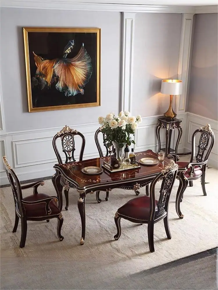 

French neoclassical dining table, European villa, solid wood carved long table, luxurious dining table