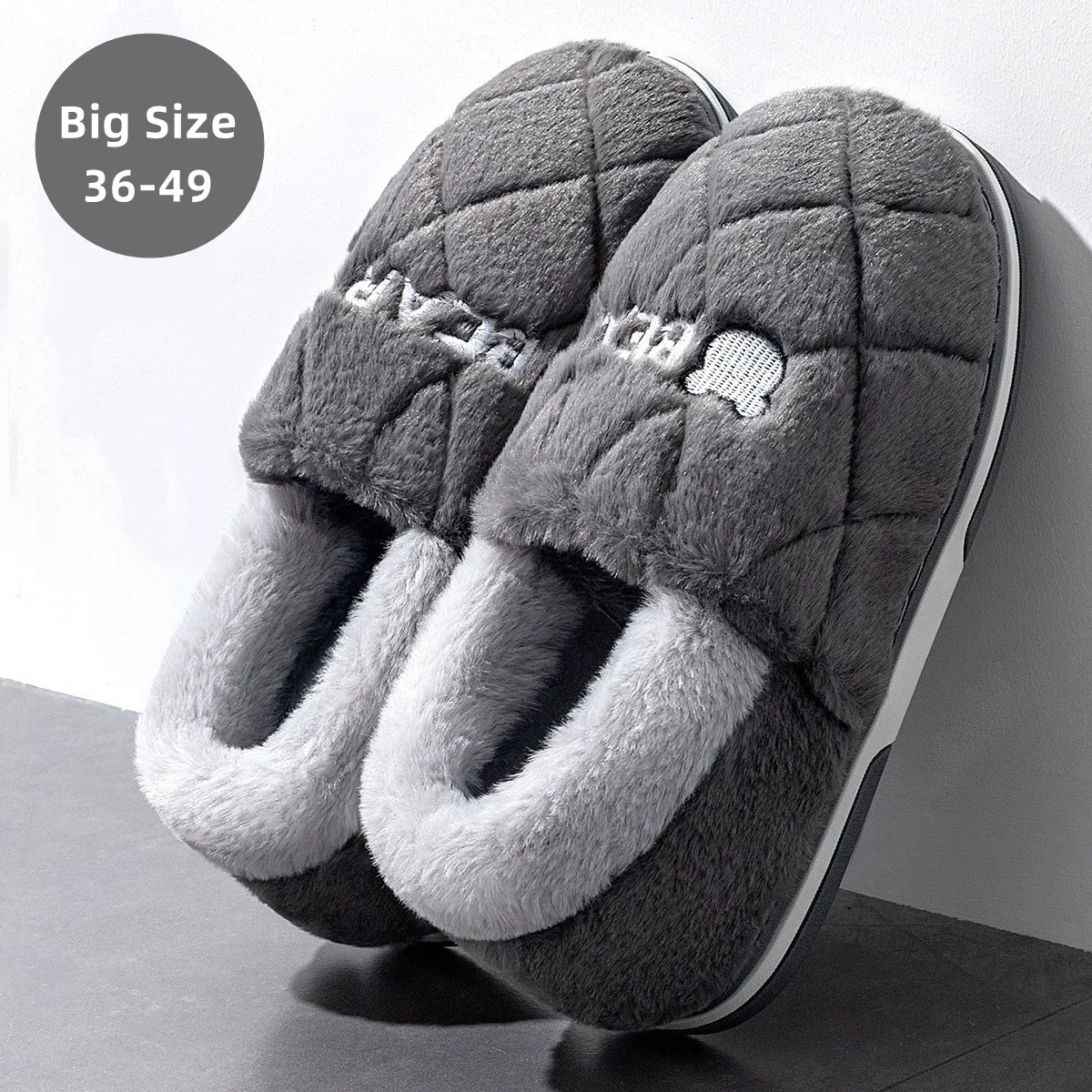 

Plus Size 36-49 Winter Slippers Men Cartoon Bear Warm Plush Floor Flats Women Bedroom Footwear Couples Non-Slip Furry Shoes