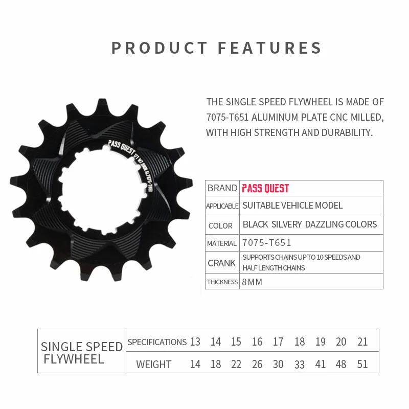 PASS QUEST 13T-21T Bicycle Single Speed Flywheel Spacer Soil Slope Bike Street Climbing For 8/9/10Speed Freewheel Black/Silver