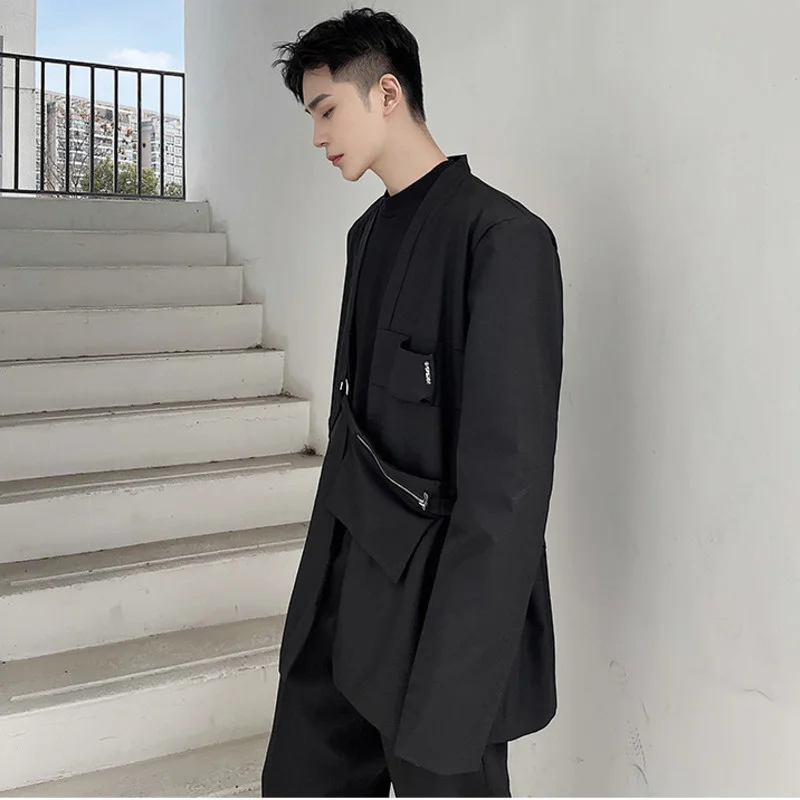 Spring Men's 2022 New Bandage Waist Bag Design Trend Function Style Loose Casual Suit Coat Black Oversized Blazers 2Y7115