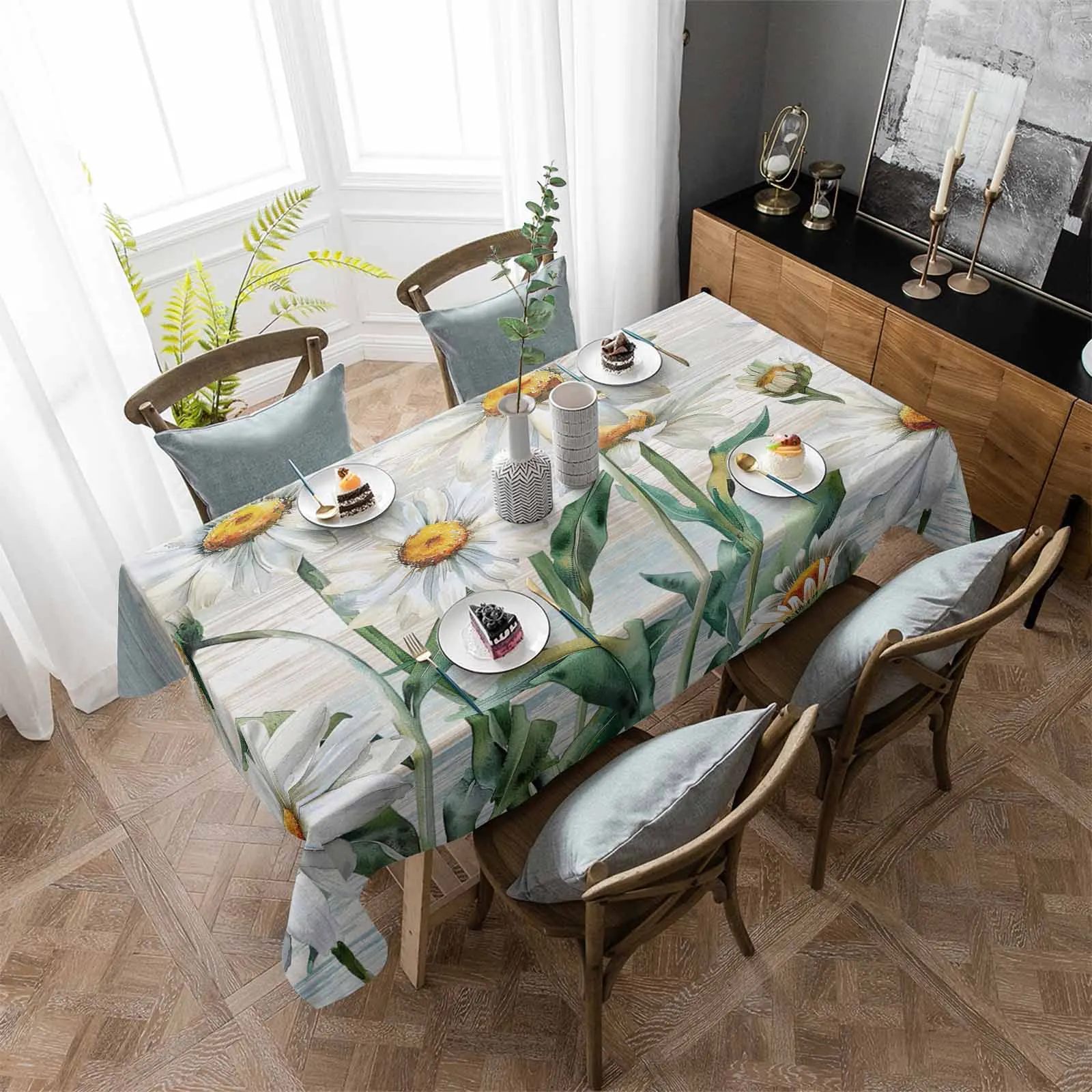 

Floral Plants Daisies Rural Retro Wood Grain Table Cloth Washable Tablecloth for Wedding Banquet Decor Luxuriou Table Cover