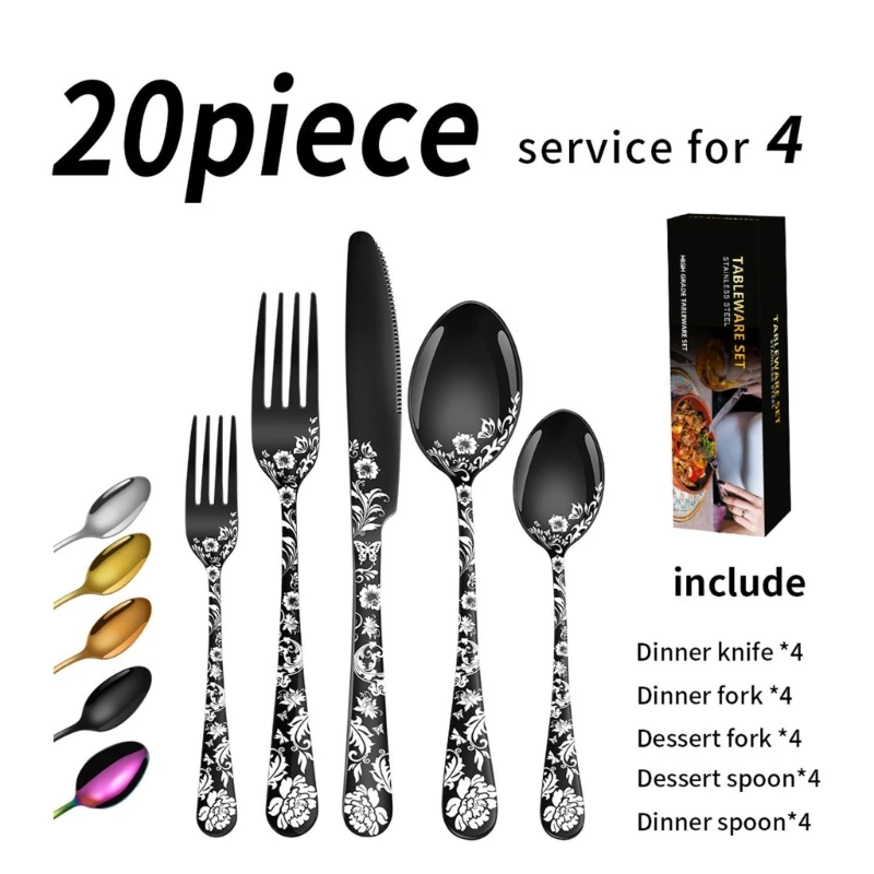 C63E 20 Pcs Unique Floral Silverware Flatware Cutlery Set Stainless Steel Utensils Include Knife Fork Spoon Dishwasher Safe