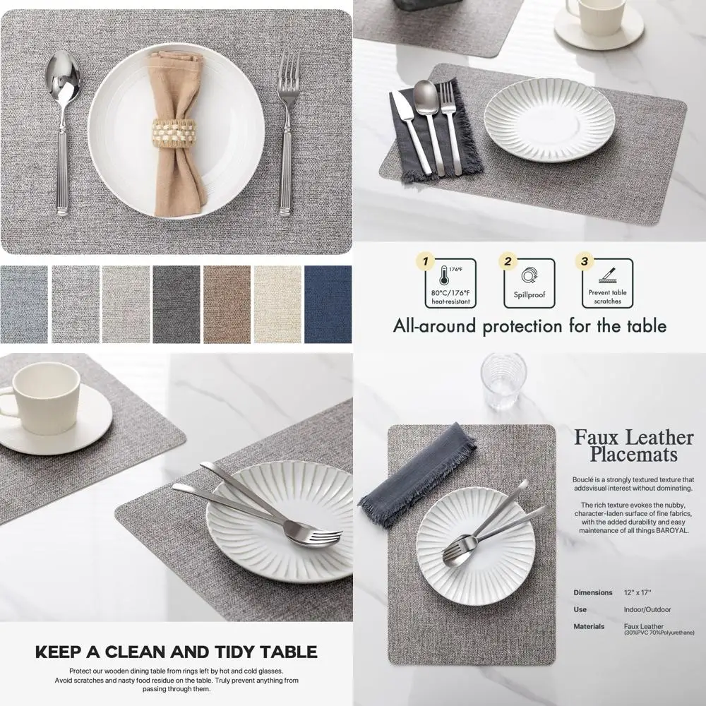 

Набор из 12 салфеток из искусственной кожи среднего серого цвета — водонепроницаемые, термостойкие, нескользящие, легко чистящиеся для кухонных и обеденных столов