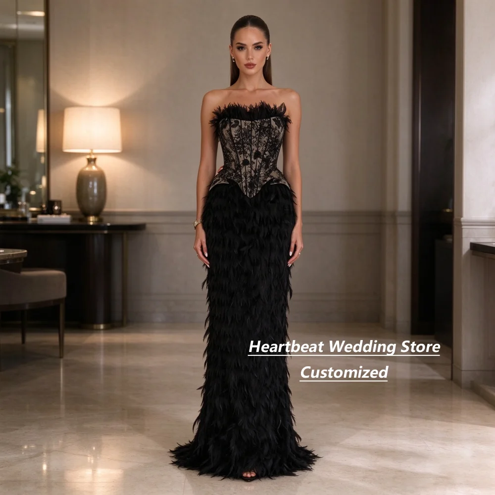 Customized Black Lace Feather Mother of the Bride Dresses Strapless Sweetheart Corset Bodice Mermaid Formal Party Dress