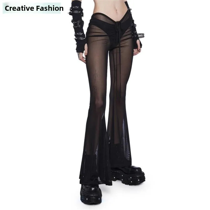 섹시한 메쉬 시스루 로우 웨이스트 슬림핏 롱 팬츠 반투명 레이스 벨트 캐주얼 바지 여성용 울트라씬 가을 패션