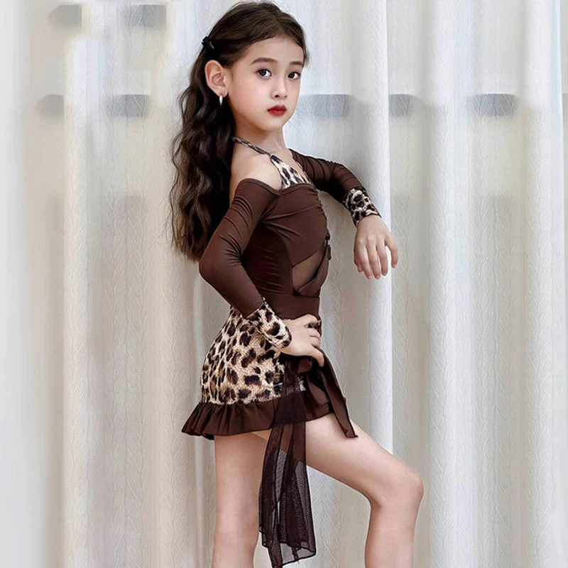 Costume de danse latine pour enfants filles, body et jupes à manches longues en maille imprimé léopard, ensemble de pratique de Performance Rumba Chacha