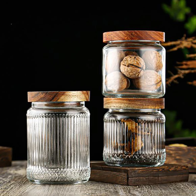 Glass Storage Jar with Wooden Lid Candy Dried Fruit Coffee Bean Medicinal Herb Storage Jar Sealed Household Striped Glass Bottle