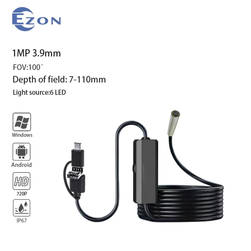 

1MP 3.9mm 100° Wide Angle Electronic endoscope camera for Mechanical maintenance 1.5m USB 3-in-1 soft cable endoscope