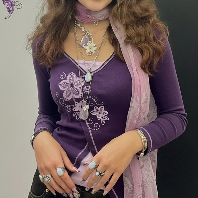 Blusa bordada floral vintage Y2K para mujer estilo boho