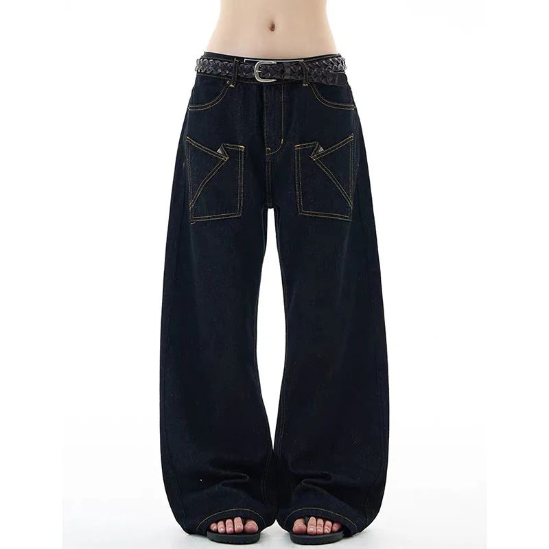 YIBASHU النساء السود فضفاض Y2K الأمريكية شارع العليا الجمالية تصميم الأزياء 2000s ريترو الجينز السراويل الطويلة الملابس 2025 جديد #1