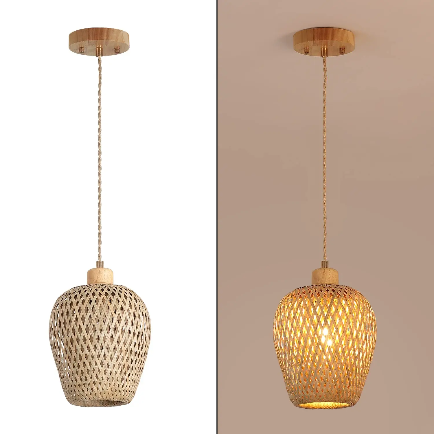 

​Boho Farmhouse Pendant Light – Handmade Adjustable Bamboo Fixture for Living Room, Cafe & Patio