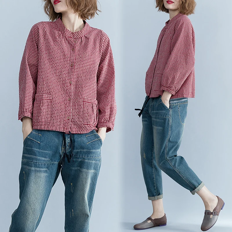 

Spring Summer New Comfortable Cotton Linen Plaid Stand Collar Loose Women's irt Artistic Retro Casual Top Faion
