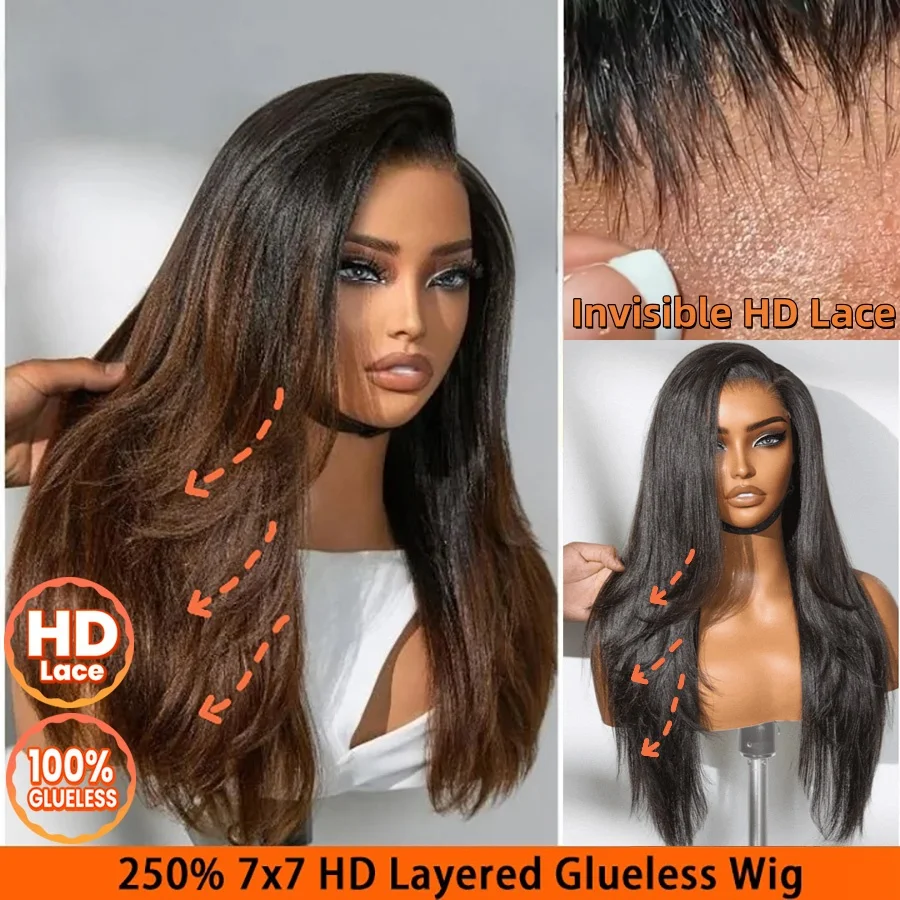 28 дюймов 7x7 Pre-Cut HD Lace Wig Light Yaki Wig 250% Ombre Brown Wig Real HD Lace Wig Человеческие волосы Предварительно выщипанные настоящие бесклеевые парики