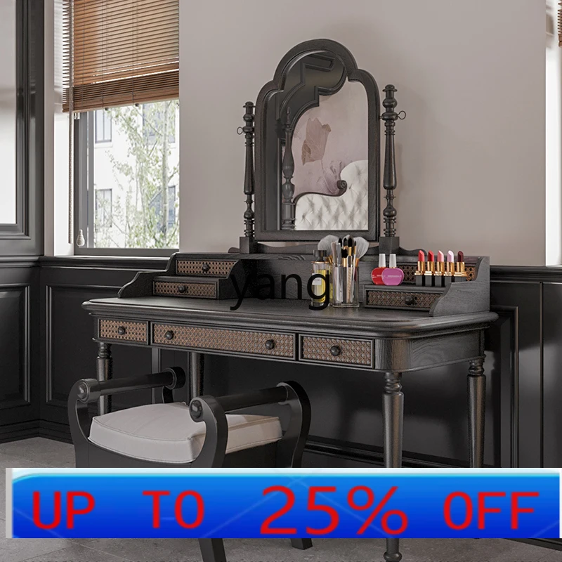 

LH retro style solid wood bedroom simple rattan dressing table makeup table and chair combination