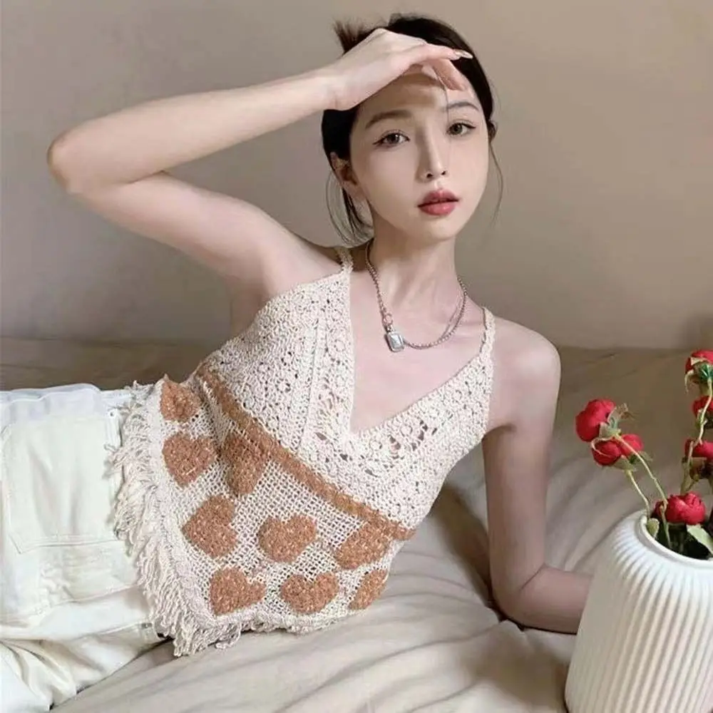 

Sleeveless Female Crochet Camisole V Neck Slim Bohemian Style Vest Hot Tops Tassel Knitting Crop Tops Beachwear