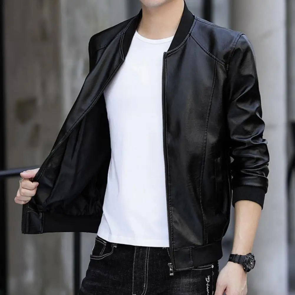 Men Solid Color Jacket Stylish Men Outerwear Stylish Men's Faux Leather Jackets for Sports Office Parties Slim Fit for Autumn