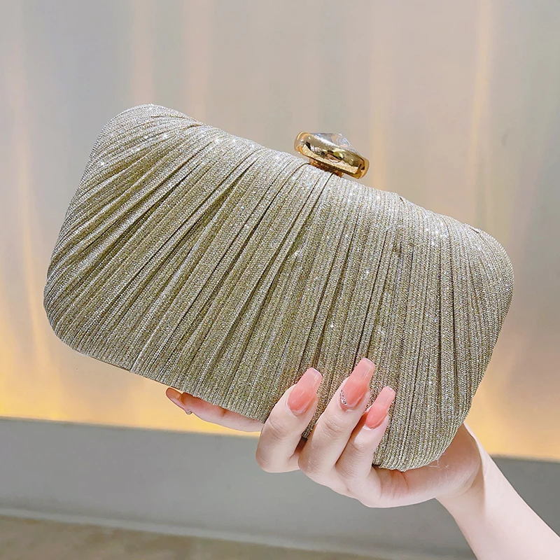 Pleated Gold Clutch Bag Chain Bag Formal Dinner Bag Sparkly Purse Engagement Wedding Dress Prom Party Potluck Bag