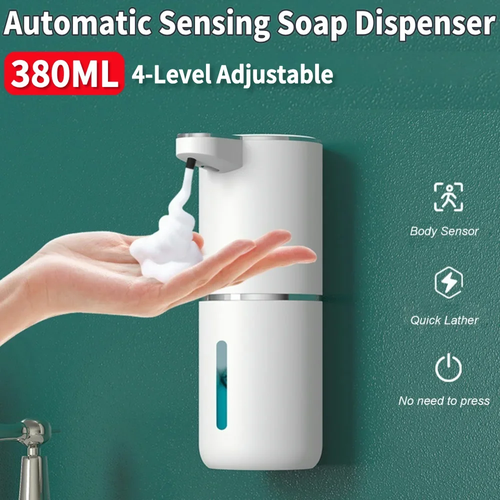 

380ML Automatic Foam Soap Dispenser with 4-Level Adjustable Foam Touchless Hand Soap Dispenser Rechargeable for Bathroom Kitchen