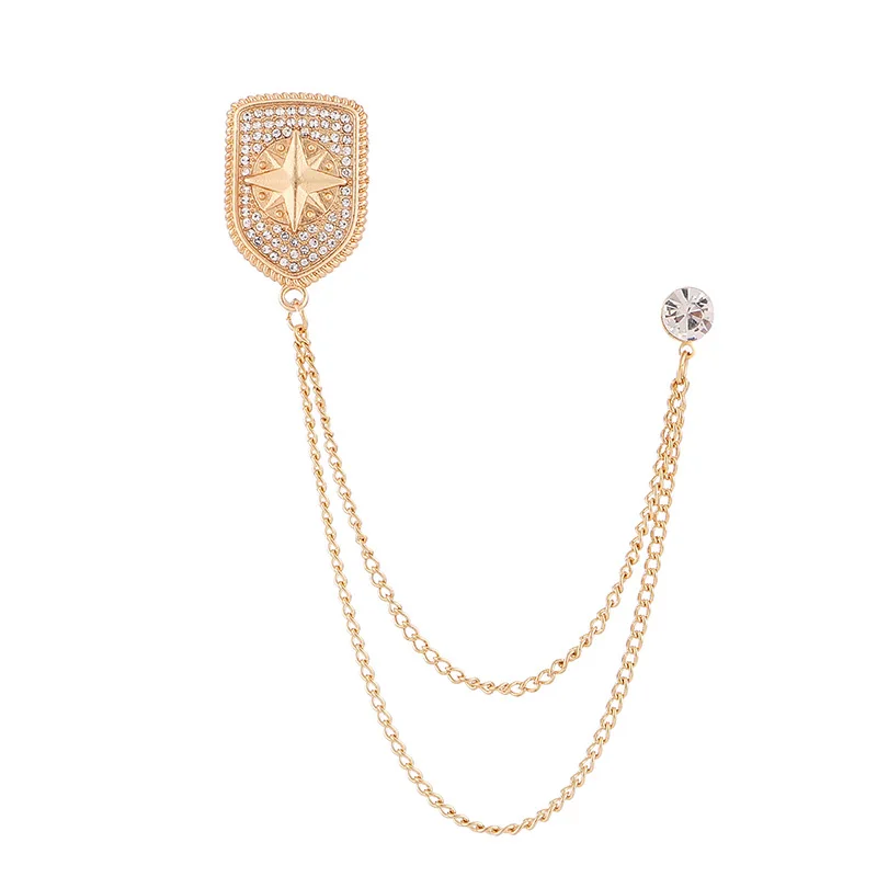 Korean Crystal Crown Brooch Star Tassel Chain Rhinestone Lapel Pins Men\'s Shirt Suit Collar Wedding Party Badge Accessories