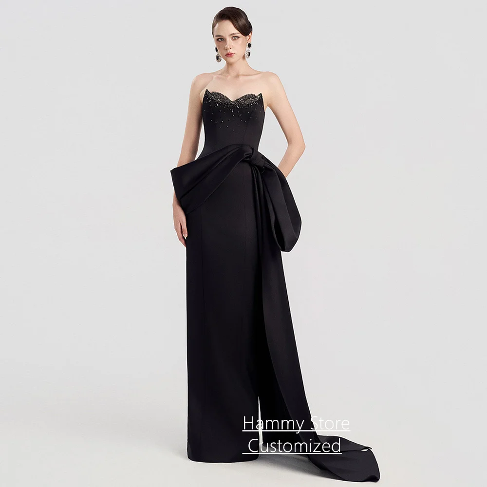 Customized Evening Dress Robe De Soiree Fashion Sweetheart Sleeveless Beading Sequined Black Prom Gown with Train