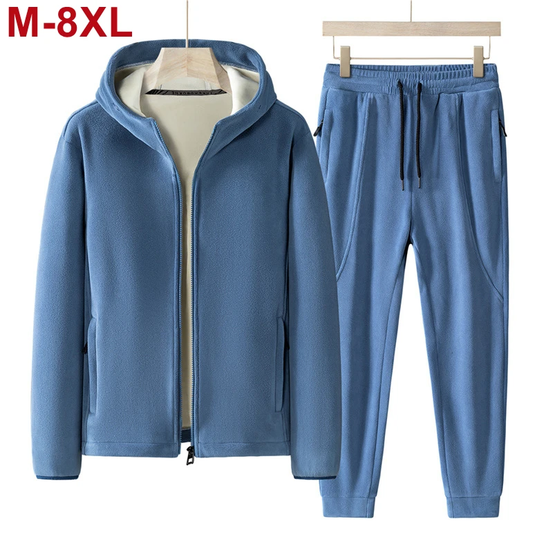 Plus Size 7xl 8xl Men's 2pcs Tracksuit Sets Winter Warm Polar Fleece Liner Jacket+pants Set Men Casual Thick Sportswear Clothes