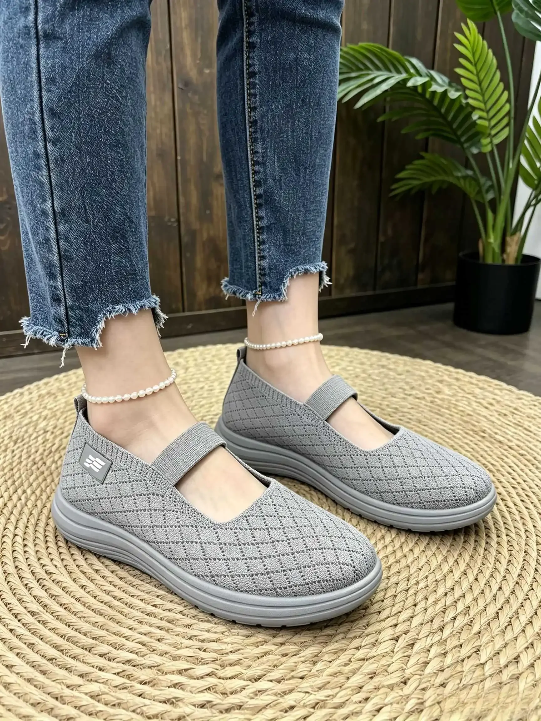 Damen Herbst Mary Jane Plateau-Flats aus Strick-Mesh, atmungsaktiv, mit elastischem Riemen, weich, rutschfest, leicht, für den täglichen Gebrauch. – Detail 2