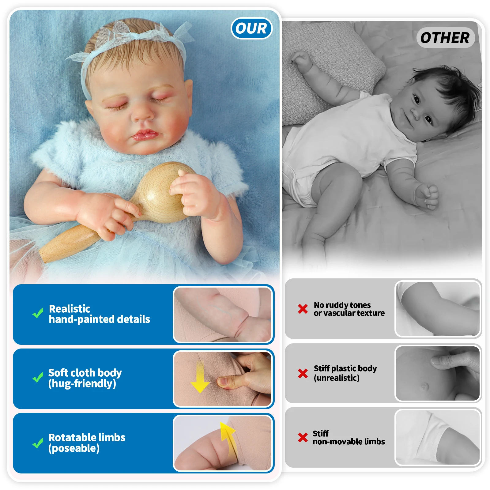 Lebensechte wiedergeborene Babypuppen, 50,8 cm, zum Schlafen, realistische Neugeborene, weicher Stoffkörper mit Fütterungsspielzeug für Kinder ab 3 Jahren