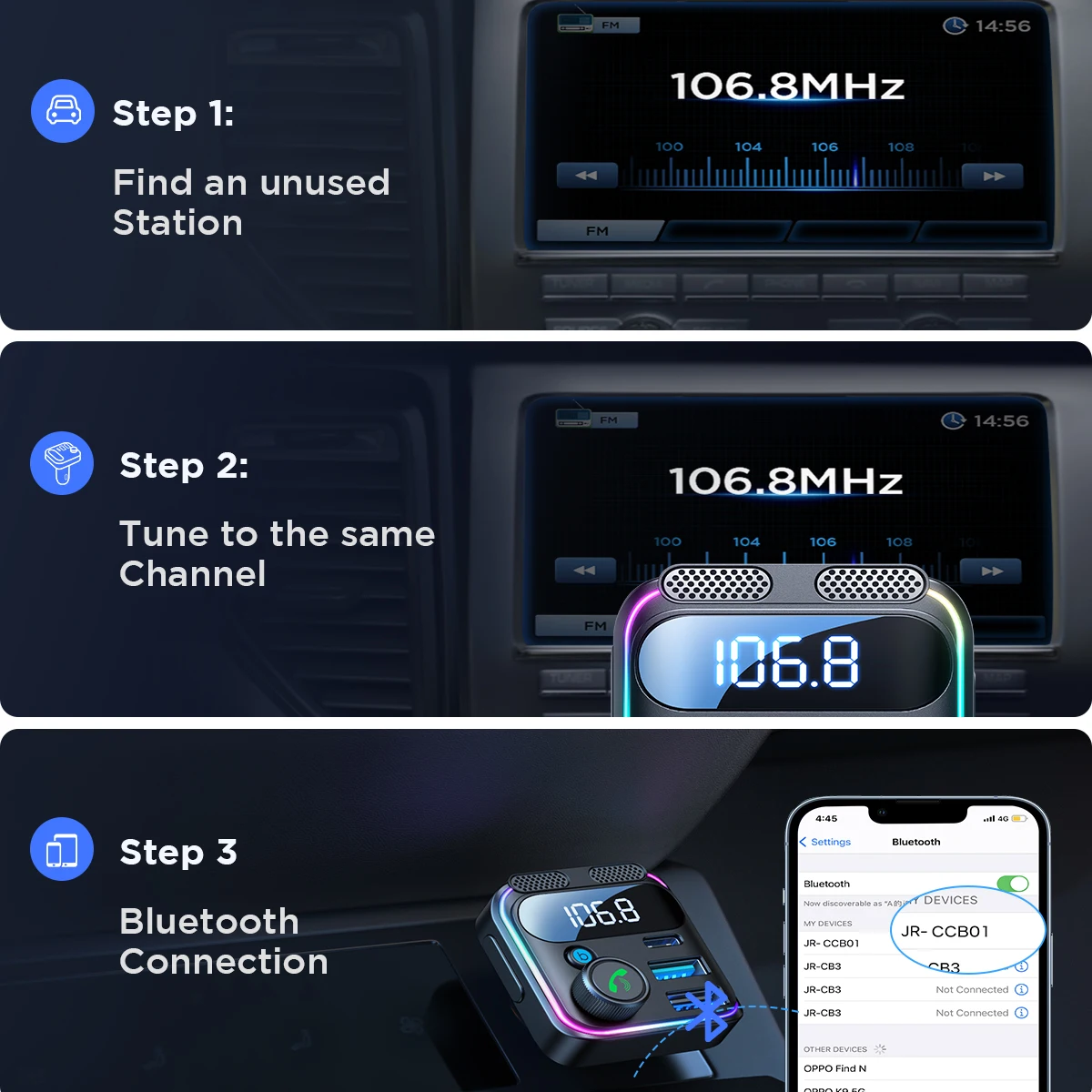 JOYROOM Bluetooth 5.3 FM Transmitter for Car 48W PD&QC3.0 Fast Car Charger Adapter Bluetooth & U Disk Hands-Free Calling