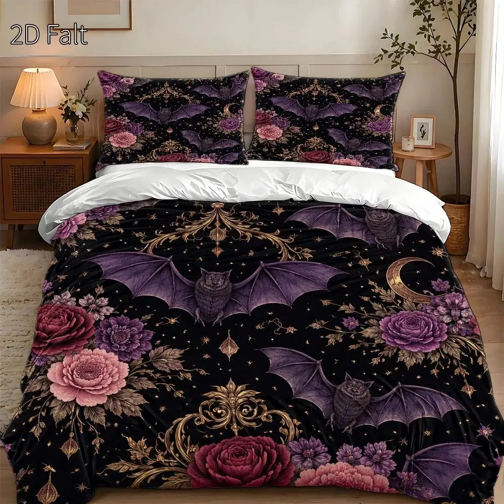 3-Piece Quilt Cover Set, 1 Quilt Cover + 2 Pillowcases (Without Filling) 2D Flat Priting, Three-Piece Quilt Cover Set, Purple Rose Bat Theme, Gothic Retro Style, Halloween, Suitable for All Seasons, Machine Washable, Invisible Zipper, Large Quilt Cover Set, Bedding Set, Skin-Friendly, Breathable, Soft and Comfortable, Does Not Fade or Pill, Suitable for Home/Dormitory/Master Bedroom/Guest Room