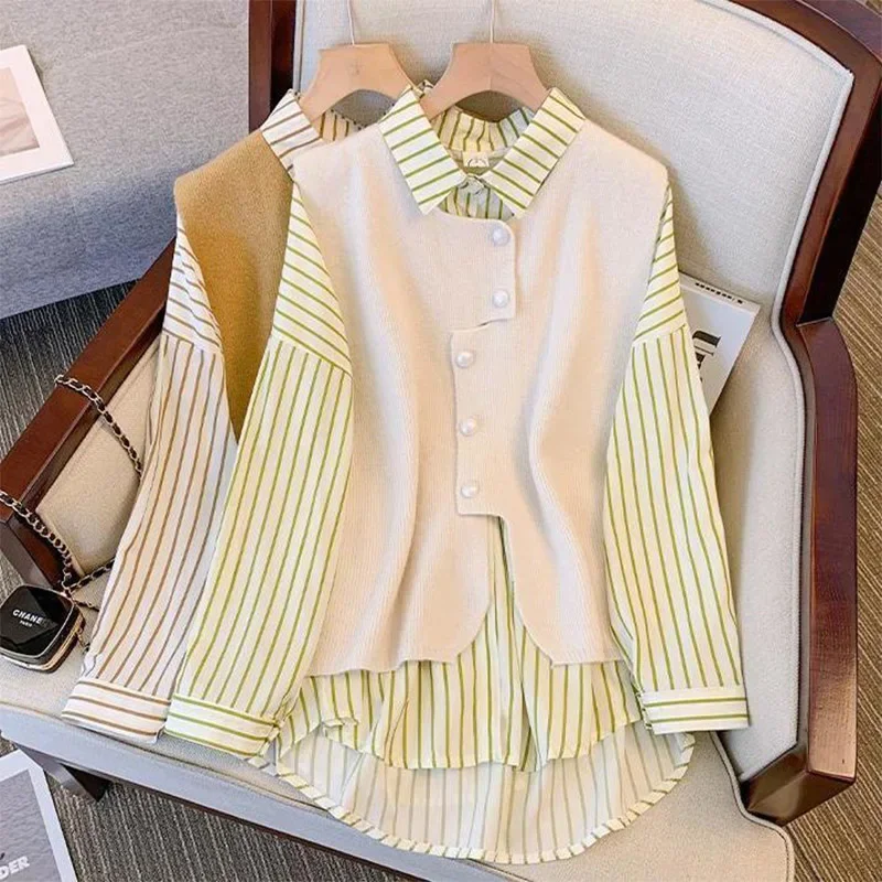 Stylish Fake Two-piece Shirt Vest Women\'s Clothing Spring Autumn High-end Belly Covering Age Reducing Casual Shirt Top for Women