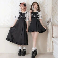 Dark Gothic Y2k Lolita High Waist Pleated Skirt Women Chic Love Buckle Ruffle Short Skirt Korean Fashion A-Line Long Strap Skirt