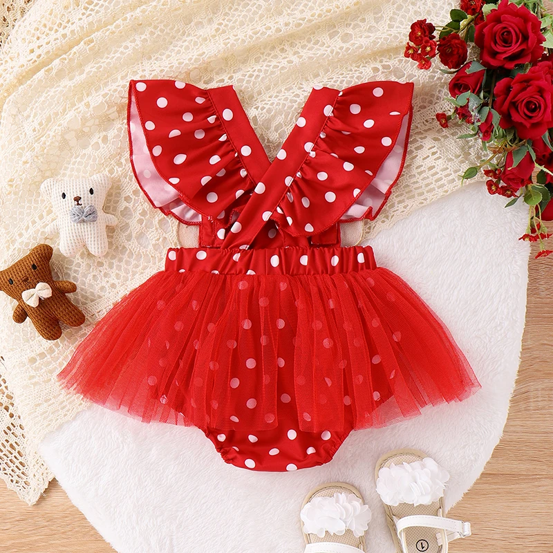 

Newborn Baby Girl Romper Dress Red Polka Dot Print Cartoon Animal Ruffle Sleeve Tulle Bodysuit Outfit