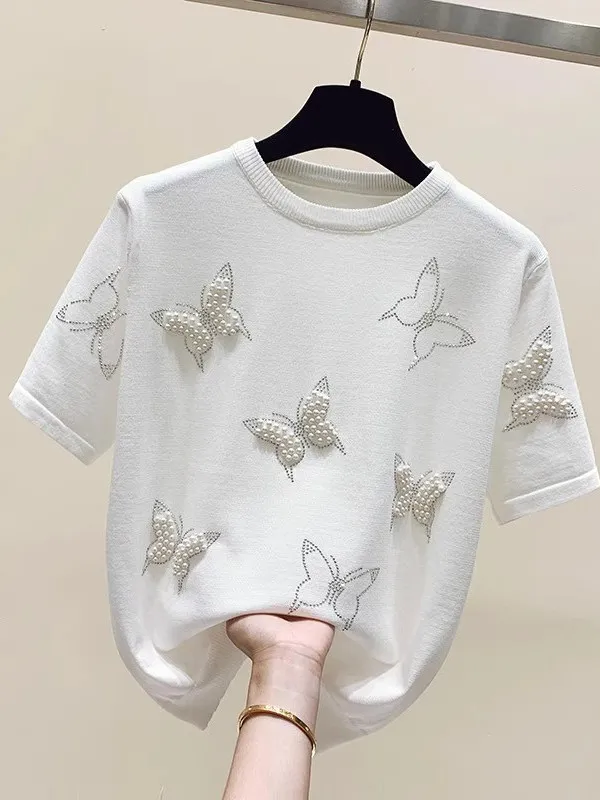 

Summer New Design Ice Silk Short Sleeve T-Shirt Women's Knitted Top Knot Beaded Soft Comfortable Regular Fit Daily ...