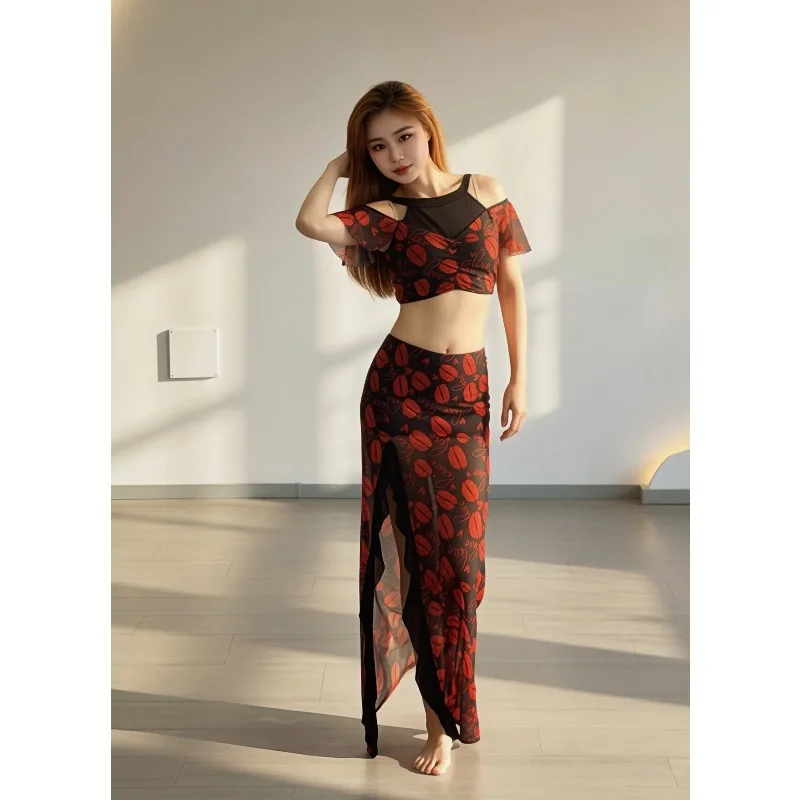 Customized Belly Dance Costumes Practice Dress Lace Advanced Red Lips Printed Mesh Set for Women Top and Skirt 2pcs