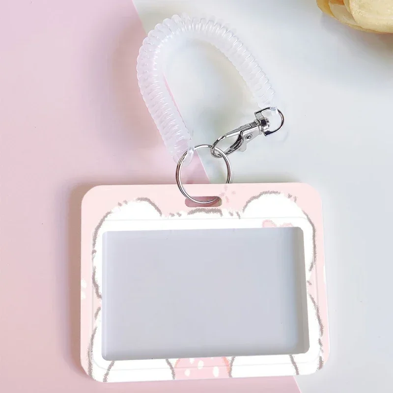 Cute Little White Bear Card Holder with Spring Rope Students Suitable for Bus Campus Lunch Card Kpop Photocard Holder Door Card