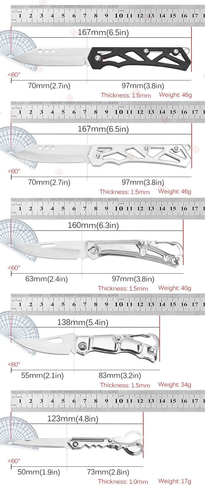 Pocket Folding Fruit Knife Set Stainless Steel Kitchen Paring Knife with Keychain Knife Non-slip Handle for Kitchen Accessories