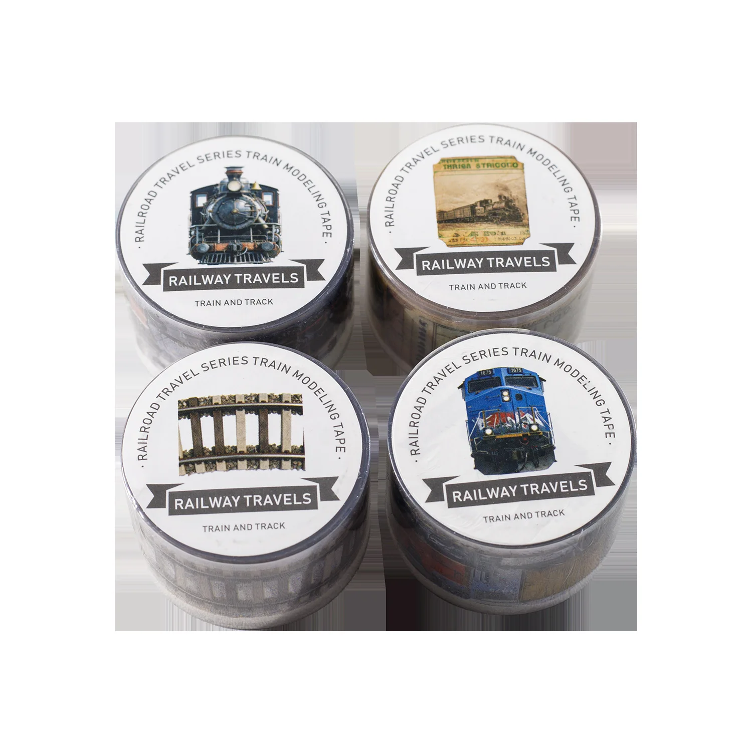 

Набор из 4 декоративных клейких лент в японском стиле: «Путешествие по железнодорожным путям». Декоративные ленты васи, маскирующие ленты, наклейки, канцелярские товары.