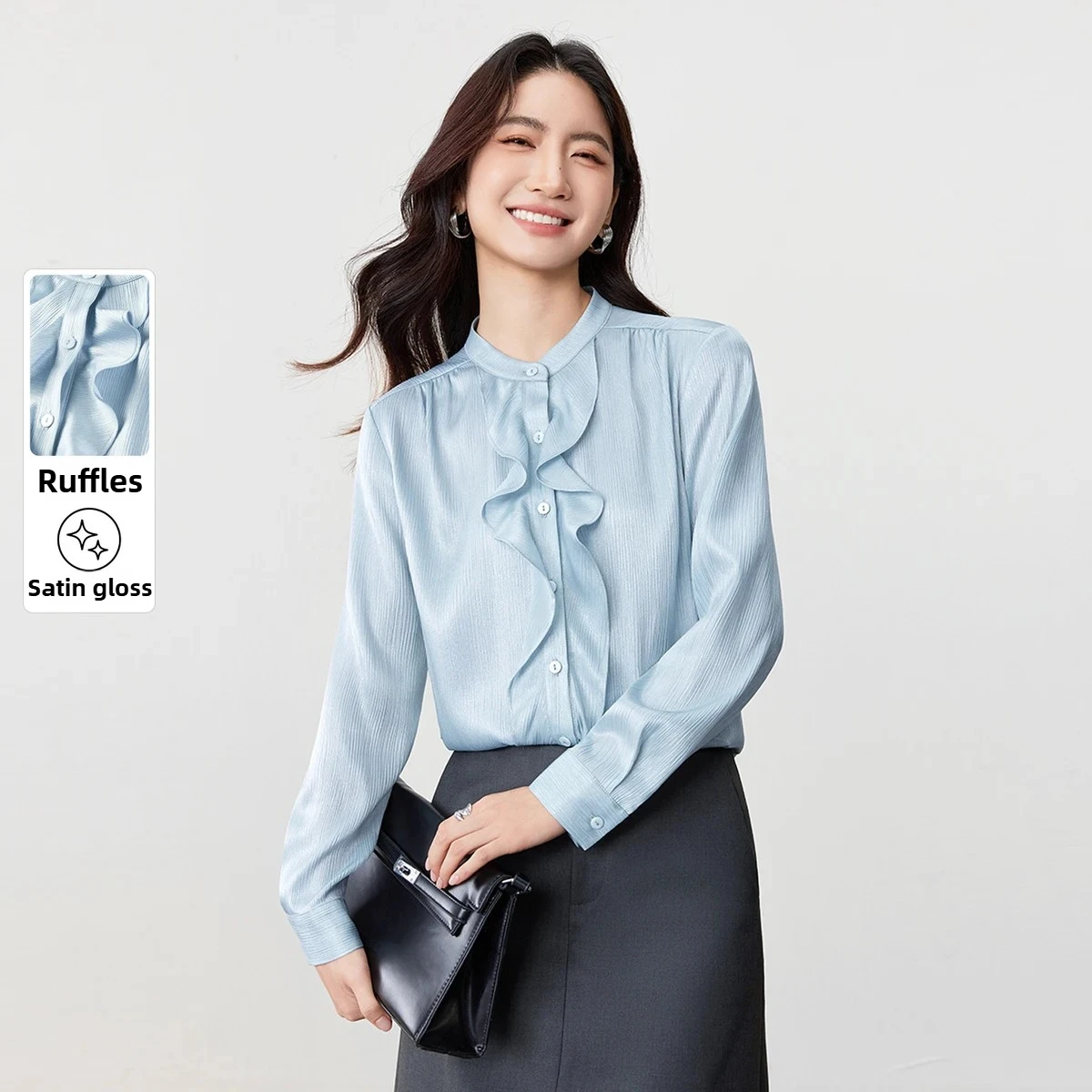 SENTUBILA Elegant Women Chiffon Shirt 2025 Autumn New Single Breasted Blouses Ruffle Design Long Sleeve Female Shirts 153CC2512